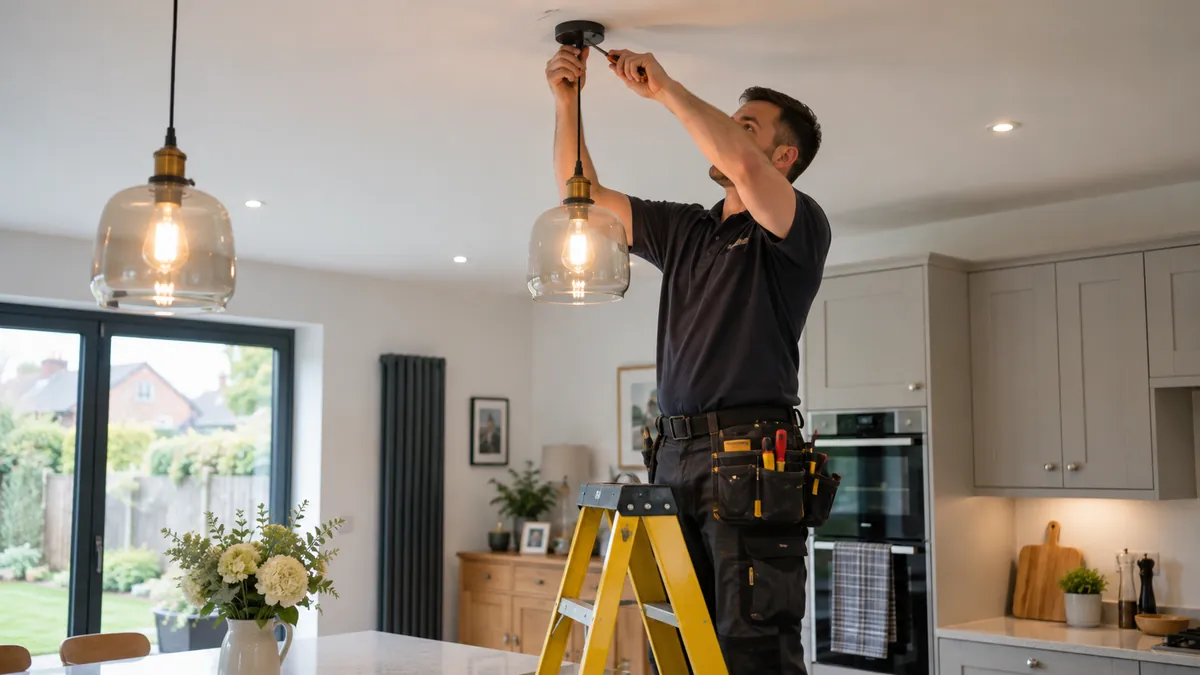 Electrician installing pendant lighting in a home