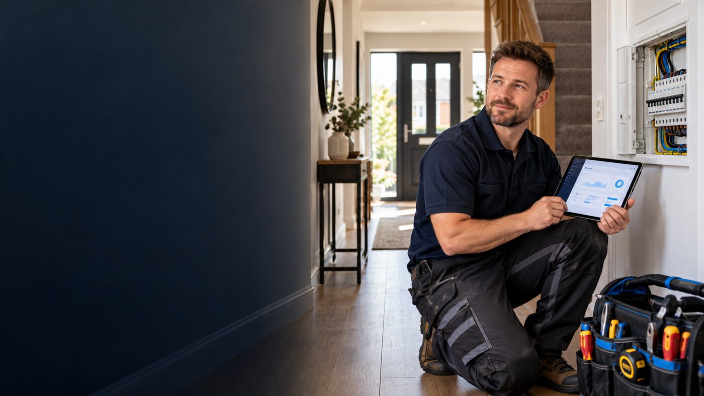 Electrician using a tablet beside a domestic consumer unit